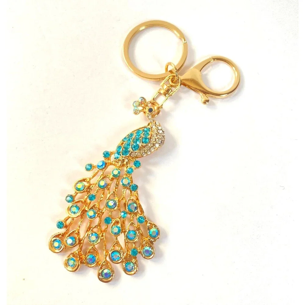 Peacock Rhinestone Charm Keychain Key Holder Multicolor Gold Tone Metal New